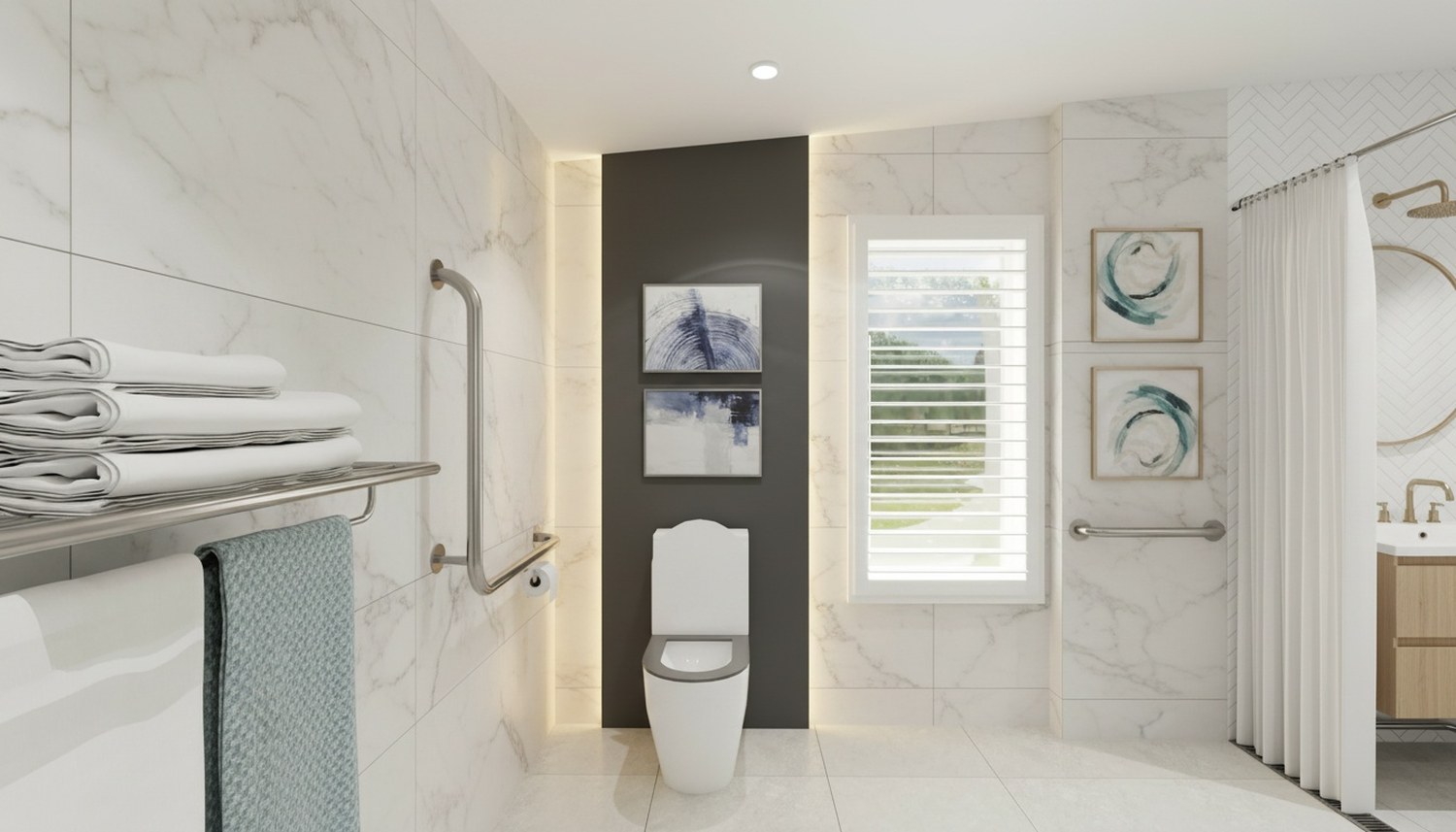 VIVID Coastal Luxe accessible bathroom with grab rails