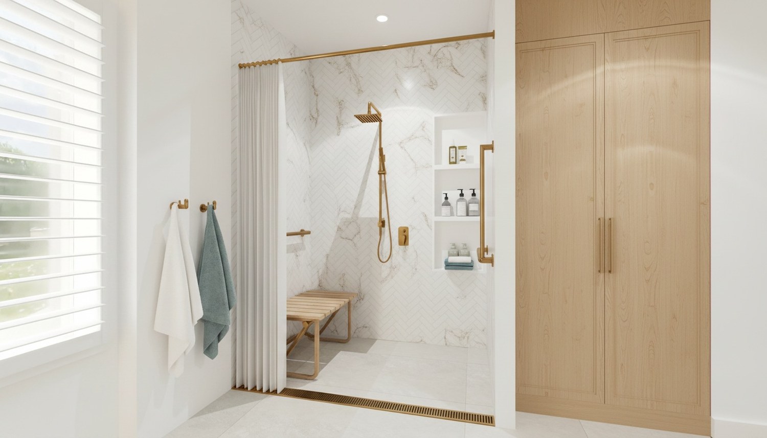 VIVID roll-in shower with fold-down seat and grab rails